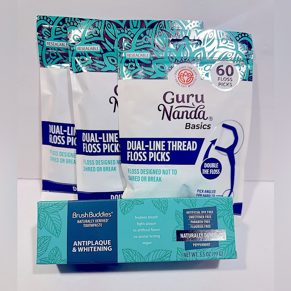 3 Packs of Guru Nanda 2-in-1 Floss Picks and Brush Buddies Toothpaste Set
